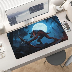 May include: A rectangular mousepad featuring a fantasy illustration of a werewolf aiming a bow and arrow under a full moon. The artwork is set in a dark forest with a blue and red color scheme.