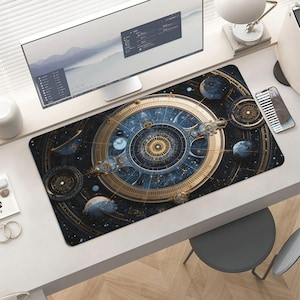 May include: A rectangular desk mat featuring a celestial design with gold and blue accents. The mat showcases a detailed illustration of planets, stars, and a central compass-like element. The design is set against a dark background, creating a striking contrast.