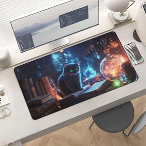 May include: A black desk mat featuring a fantasy scene with a black cat with green eyes sitting on an open book. The scene includes stacks of books, glowing orbs, and magical elements. The mat is rectangular and designed for a computer setup.