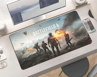 Large Gaming Mouse Pad Battlefield 6 - Soldiers Watching City Explosion Extended Desk Mat, Military War Scene Mousepad