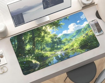 Sunny Forest Stream Mouse Pad | Anime Style Nature Desk Mat, Extended Gaming Mousepad