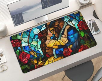 Beauty and the Beast Stained Glass Mouse Pad – Belle Beast Romantic Desk Mat