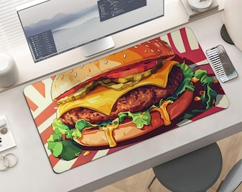 Cheeseburger Mouse Pad | Juicy Burger with Melting Cheese Desk Mat | Large Extended Gaming Mousepad | Fast Food Cartoon Art