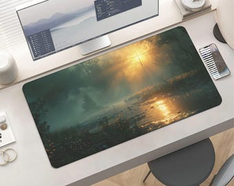 Christian Cross Sunrise Mouse Pad – Forest Lake Golden Light Desk Mat