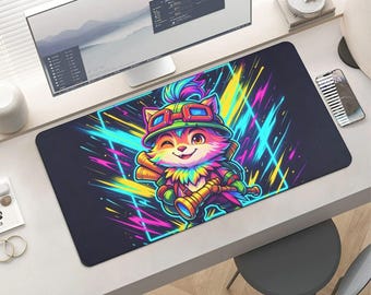 Vibrant Cartoon Cat Gaming Mousepad – Neon Abstract Art Desk Mat