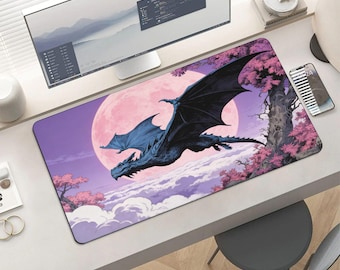 Dragon Flying Over Pink Moon Desk Mat – Fantasy Art Gaming Mousepad