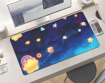 Kirby Space Adventure Gaming Mouse Pad: Cute Kawaii Kirby Starry Night Desk Mat, Nintendo Large Extended Mousepad, Anime Gamer Office Decor