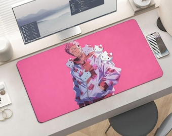 Hello Kitty Sukuna Jujutsu Kaisen Mouse Pad | Anime Kawaii Gaming Desk Mat | Pink Aesthetic Ryomen Sukuna Large Mousepad for Gamer