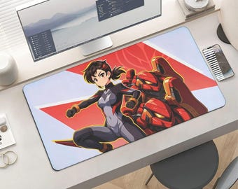 Kawaii Sci-Fi Anime Girl & Giant Red Mecha Mousepad - Large Gaming Desk Mat with Bold Action Design