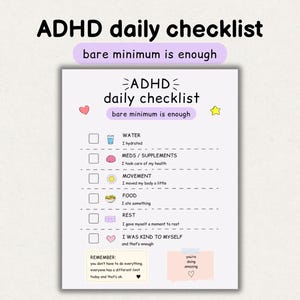 Lista de verificación diaria para TDAH imprimible, registro de rutina minimalista, día con lo mínimo indispensable, planificador de salud mental, lista de verificación de autocuidado, descarga instantánea