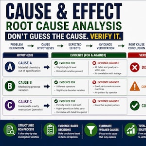 Puede incluir: Una plantilla de Excel de análisis de causa raíz de causa y efecto con un gráfico de flujo de trabajo estructurado. La imagen muestra un proceso desde la definición del problema hasta la conclusión, incluyendo una matriz de comparación.