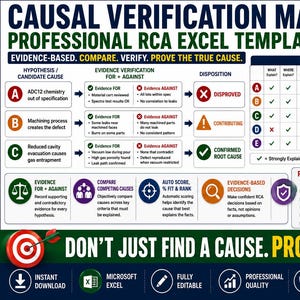 Puede incluir: Una plantilla de Excel de matriz de verificación causal para el análisis de causa raíz profesional. El diseño incluye una tabla de comparación de causas, secciones de verificación de evidencia y un sistema de puntuación. Presenta una imagen de una carcasa metálica ADC12 y texto que detalla procesos de decisión basados en evidencia.