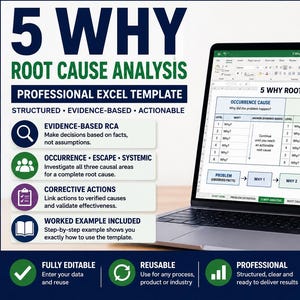 Puede incluir: Un ordenador portátil que muestra una plantilla de Excel de análisis de causa raíz 5 Porqués. La pantalla presenta una tabla estructurada con columnas para causas de ocurrencia, escape y sistémicas. El texto incluye 5 WHY ROOT CAUSE ANALYSIS y SOLVE PROBLEMS AT THE ROOT CAUSE.