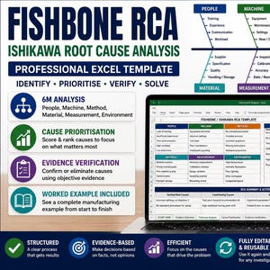 May include: A digital Fishbone RCA Ishikawa root cause analysis Excel template displayed on a laptop screen. The graphic includes a 6M analysis diagram, cause prioritisation, evidence verification, and a worked example for manufacturing processes.