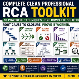 Puede incluir: Una infografía digital para una plantilla de Excel Complete Clean Professional RCA Toolkit. Muestra diez técnicas de análisis de causa raíz, incluyendo 5 Why, Fishbone, Pareto Chart y Fault Tree Analysis, junto a un flujo de trabajo y un bloque motor.