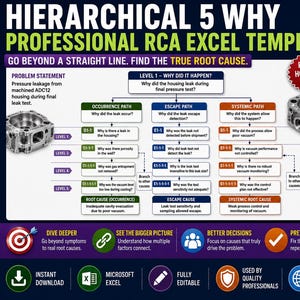 Puede incluir: Una infografía de plantilla de Excel RCA profesional de 5 porqués jerárquicos que presenta un planteamiento del problema sobre fugas de presión en carcasas ADC12, un diagrama de flujo de análisis de causa raíz y iconos de descarga instantánea.