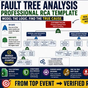 Puede incluir: Una plantilla de análisis de árbol de fallos para Excel que presenta un diagrama de flujo complejo con cuadros rojos, azules y verdes. El gráfico incluye etiquetas de texto, símbolos de puertas lógicas y funciones de análisis de causas.