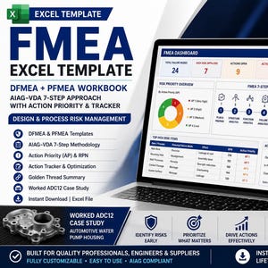May include: An Excel template for FMEA featuring a laptop screen displaying a dashboard with risk priority overviews, a 7-step roadmap, and action trackers. The layout includes text detailing DFMEA and PFMEA methodology, an ADC12 water pump housing image, and icons for quality management processes.