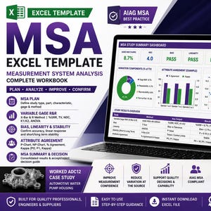 May include: An Excel template for Measurement System Analysis featuring a laptop screen displaying an MSA study summary dashboard with charts, tables, and metrics. The layout includes text headers, icons, and a case study of an automotive water pump housing.