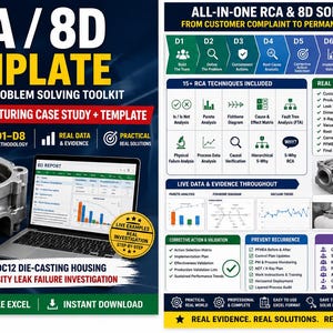 Puede incluir: Un kit de herramientas de resolución de problemas RCA y 8D que incluye una carcasa de fundición a presión ADC12, un portátil con un informe de Excel y una infografía detallada sobre la metodología D1-D8, 15+ técnicas y estudios de caso.