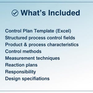May include: A blue and white graphic lists the contents of a product. The text includes: Control Plan Template (Excel), structured process control fields, product & process characteristics, control methods, measurement techniques, reaction plans, responsibility, and design specifications.