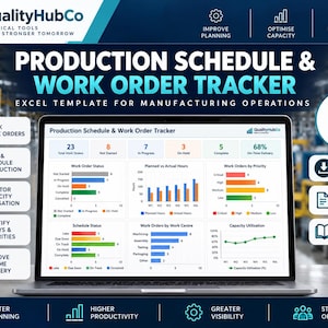 Pode incluir: Uma tela de laptop exibindo um modelo de Excel para cronograma de produção e rastreamento de ordens de serviço. O painel apresenta vários gráficos, diagramas e métricas de status para monitorar pedidos e capacidade de produção.