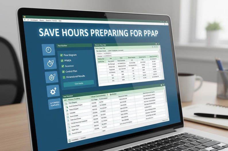 May include: A laptop screen displays software with the text "SAVE HOURS PREPARING FOR PPAP." The screen shows data tables and a menu with options like Flow Diagram, FMEA, and Control Plan. The laptop is on a wooden desk.