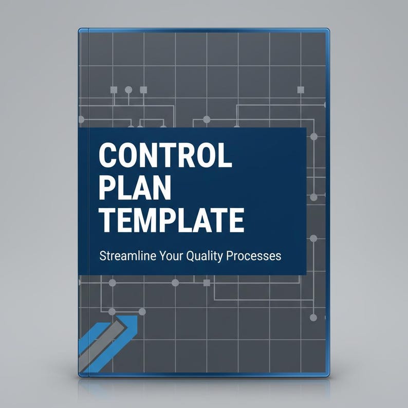 May include: A dark blue book cover with the words "CONTROL PLAN TEMPLATE" in white. Below the title is the text "Streamline Your Quality Processes". The background is a dark gray grid with a blue and gray arrow.