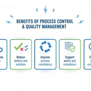May include: An infographic with the title "BENEFITS OF PROCESS CONTROL & QUALITY MANAGEMENT". It features five icons with text: "Standardise process control", "Reduce defects and variation", "Improve process consistency", "Support audits and compliance", and "Save time creating control plans".