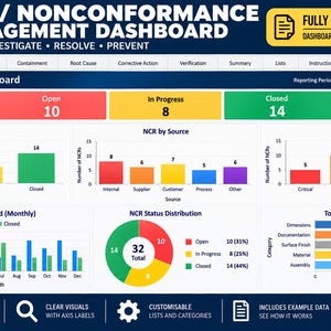 May include: A digital Excel template for an NCR Nonconformance Management Dashboard. The interface displays various data visualizations including bar charts, a donut chart, and summary boxes tracking total, open, in progress, closed, and overdue NCRs.