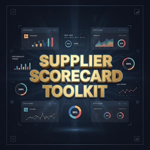 May include: A digital graphic with the words "SUPPLIER SCORECARD TOOLKIT" in gold lettering. The image features various charts, graphs, and percentage indicators on a dark blue background, suggesting data analysis and performance tracking.