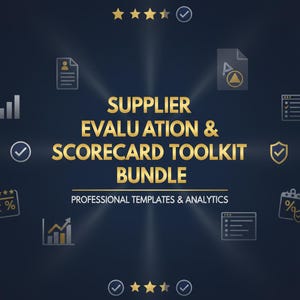 Op de afbeelding: Een donkerblauwe afbeelding met gouden tekst die luidt "SUPPLIER EVALUATION & SCORECARD TOOLKIT BUNDLE". De afbeelding bevat pictogrammen van documenten, grafieken en vinkjes. De tekst "PROFESSIONAL TEMPLATES & ANALYTICS" staat eronder.