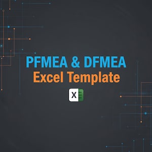 Puede incluir: Fondo gris oscuro con líneas y puntos azules y naranjas. El texto "PFMEA & DFMEA Excel Template" está en azul y naranja. Un icono de Excel está en el centro inferior.