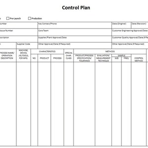 May include: A white Control Plan document with a blue and green logo in the upper left corner. The document includes fields for part numbers, descriptions, and approval dates. The title "Control Plan" is at the top.