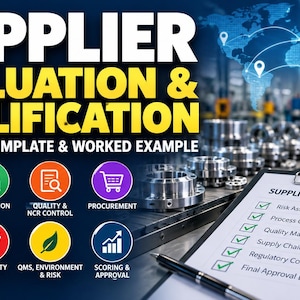 May include: A digital graphic titled SUPPLIER EVALUATION & QUALIFICATION PRACTICAL TEMPLATE & WORKED EXAMPLE. It features eight colourful circular icons representing business processes and a clipboard with a checklist titled SUPPLIER QUALIFICATION.