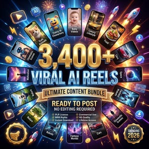 Könnte beinhalten: Eine digitale Grafik mit dem Text 3,400+ VIRAL AI REELS ULTIMATE CONTENT BUNDLE READY TO POST NO EDITING REQUIRED. Das Design enthält mehrere Smartphone-Bildschirme mit verschiedenen Inhalten wie Tieren, Autos und Robotern, umgeben von goldenen Akzenten, Blitzen und Symbolen auf einem dunkelblauen und violetten Hintergrund.