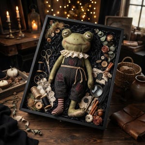 May include: A green fabric frog doll with stitched details, wearing black polka-dot overalls and one striped sock, displayed in a black shadow box filled with sewing supplies including spools of thread, scissors, buttons, and a magnifying glass.