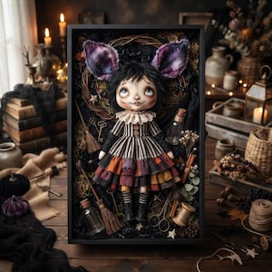May include: A doll with large eyes, black hair, and pointed ears, wearing a striped bodice and a multi-colored patchwork skirt. The doll is displayed in a black box alongside miniature brooms, glass bottles, scissors, and a wooden spool.