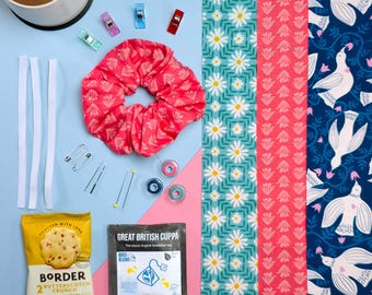 Beginner Scrunchie MACHINE Sewing Kit – Japanese Cotton Fabric, Make 3 Hair Accessories