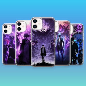 May include: A selection of clear phone cases with vivid anime-style illustrations. The designs depict characters in action with a colour scheme of purple, black, and white. The cases are presented against a light blue backdrop.