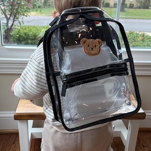May include: A clear plastic backpack with black trim and a small brown teddy bear patch on the front pocket. The backpack features a main zippered compartment and a smaller front zippered pocket, with adjustable black straps for carrying.