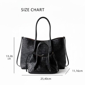 May include: Three black woven leather handbags are shown against a white backdrop. The largest is a tote, and the smallest is a satchel. The size chart shows the dimensions of the bags: 13.26 cm, 11.16 cm, and 25.40 cm.
