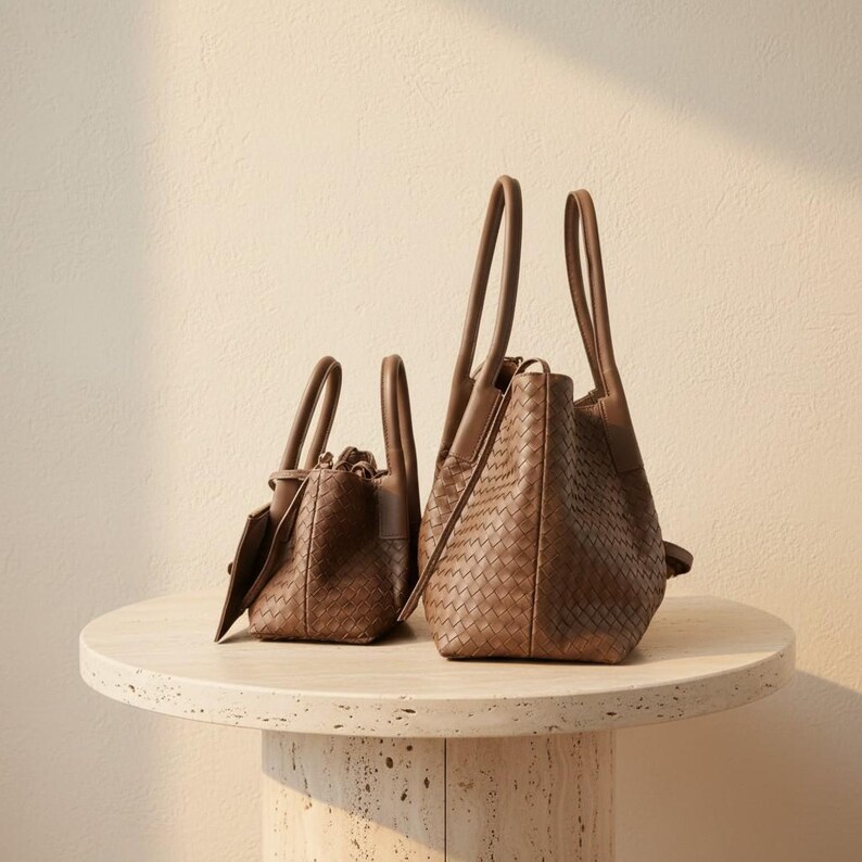 May include: Two brown woven leather handbags with top handles sit on a round, light-coloured stone table. The bags have a basketweave pattern and a structured design. One bag is smaller than the other.