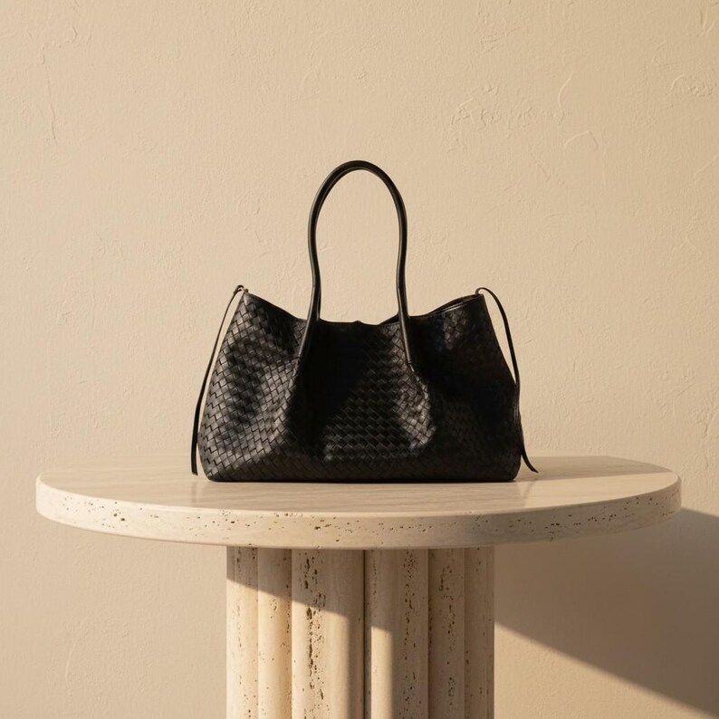 May include: A black woven leather tote bag with long handles rests on a round, light-coloured stone table. The bag has a structured shape and a spacious interior. The background is a neutral beige colour, providing a clean and elegant aesthetic.