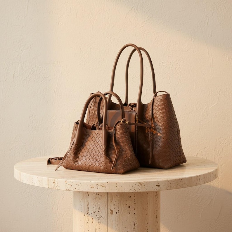 May include: Three brown leather handbags of different sizes are displayed on a round, light-coloured stone table. The bags feature woven textures and long handles. The largest bag stands upright, while the smaller ones rest on the table.