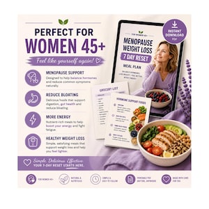 May include: A digital meal plan guide titled Menopause Weight Loss 7 Day Reset for women 45+. The document includes a grocery list, hormone support food guide, and a bowl of healthy food. It features purple accents, text about health benefits, and an instant download PDF icon.