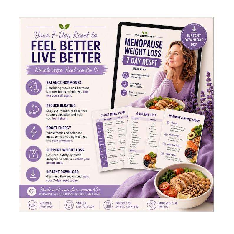 May include: A digital guide titled Your 7-Day Reset to Feel Better Live Better, featuring a meal plan, grocery list, and hormone support food guide. The document includes text about balancing hormones, reducing bloating, and boosting energy.