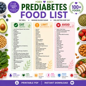 以下が含まれることがあります： 「Prediabetes Food List」と題された、食べるもの、制限するもの、避けるものの3つの列で構成された食品リスト。100種類以上の食品リスト、健康に関するアイコン、7日間の食事プランとトラッカーのボーナスPDF2点に関するテキストが含まれています。