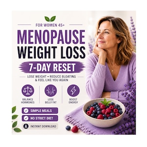 Könnte beinhalten: Werbung für ein 7-Tage-Menopause-Gewichtsverlustprogramm. Das Bild zeigt eine Frau in einem lila Pullover, eine Schüssel mit Beeren und den Text „Menopause Weight Loss“ und „7-Day Reset“. Das Programm verspricht, Hormone auszugleichen, Bauchfett zu verlieren und Energie zu steigern.