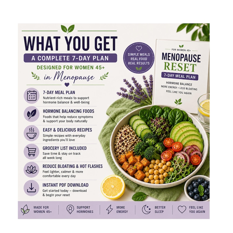 May include: A digital meal plan guide titled Menopause Reset for women 45+ featuring a 7-day plan, hormone balancing foods, and recipes. Next to the guide is a white bowl filled with quinoa, broccoli, chickpeas, avocado, and cherry tomatoes.